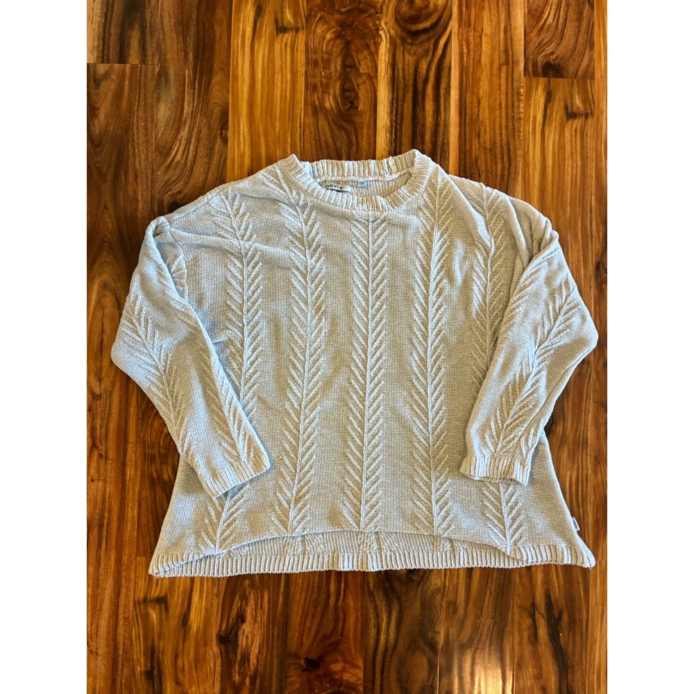 Orvis Womens XL Light Blue Chenille Cable Knit Crew Neck‎ High Low Sweater